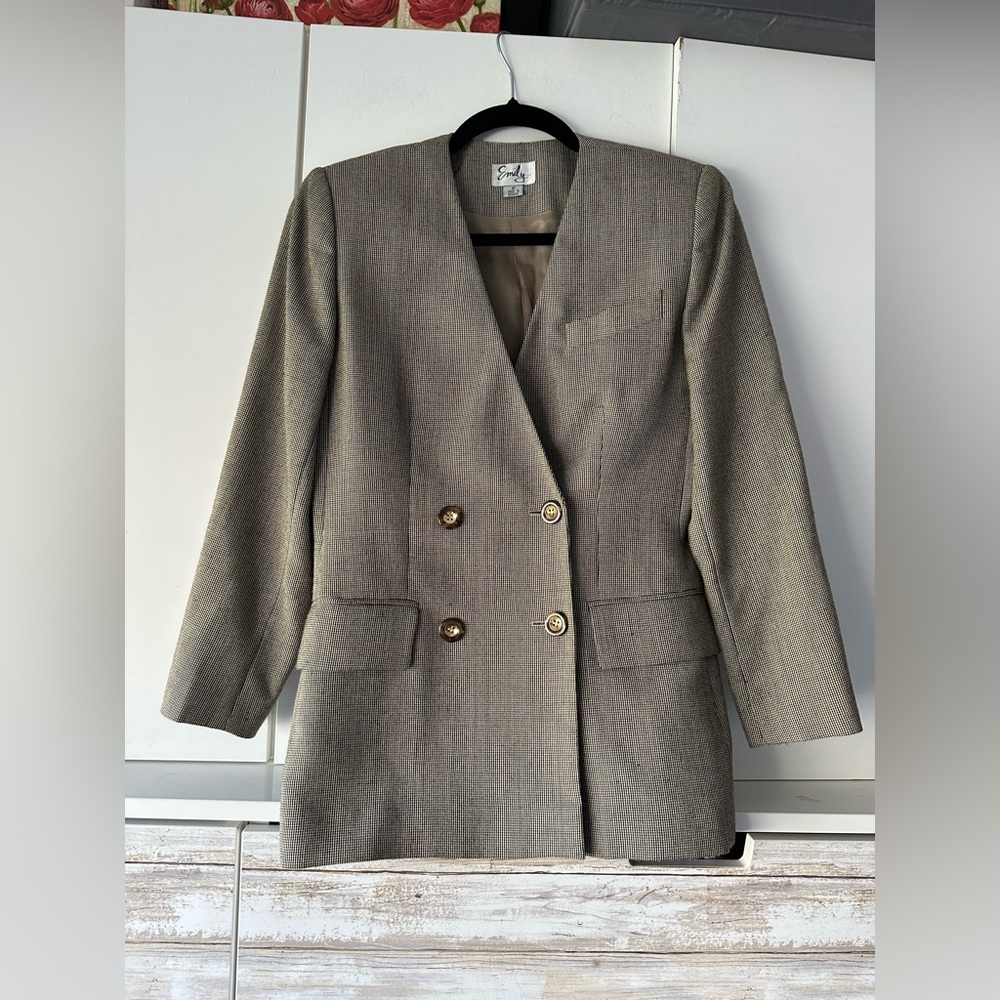 🤎 Emily Petite Taupe Double Breasted Blazer Gold Buttons Size 4P Career